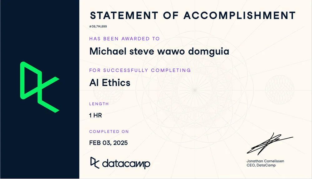 Certification en Éthique de l'Intelligence Artificielle obtenue par Wawo Domguia Michael Steve